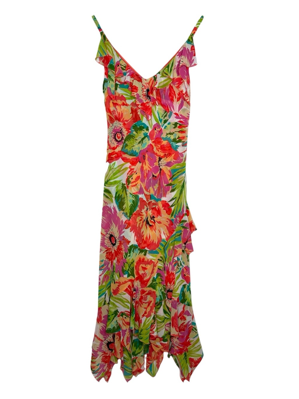 Bandolino Tropical Floral Ruffle Slip Dress Fairy Y2K Mermaid Fairycore